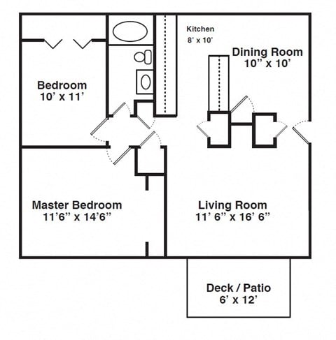 Floor plan for 2 beds, 1 bath, 872 sqft